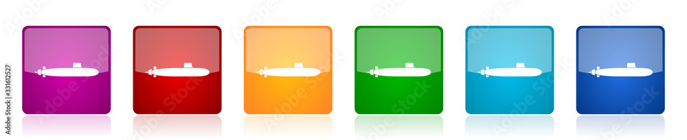Submarine icon set, navy, boat, ship, army colorful square glossy vector illustrations in 6 options for web design and mobile applications Submarine icon set, navy, boat, ship, army colorful square glossy vector illustrations in 6 options for web design and mobile applications