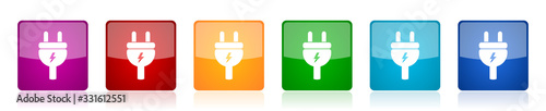 Eletricity icon set, energy, power, plug colorful square glossy vector illustrations in 6 options for web design and mobile applications