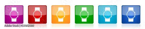 Smartwatch icon set, smart watch colorful square glossy vector illustrations in 6 options for web design and mobile applications