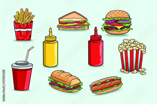 set fast food meal, vector sketch hand-drawn elements of fast food,burger, sandwich, soda lemonade,hot dog,french fries,Chili sauce,Mayonnaise,Ketchup,popcorn,isolated background,vector design