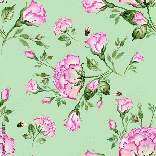  Watercolor seamless pattern bouquet of roses and bumble