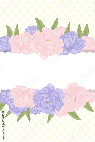 Fototapeta Naklejka Na Ścianę i Meble -  Border, postcard template, hand drawn illustration of pink and violet peonies flowers with leaves frame on white background with dots for a wedding invitation, hand drawn vector illustration