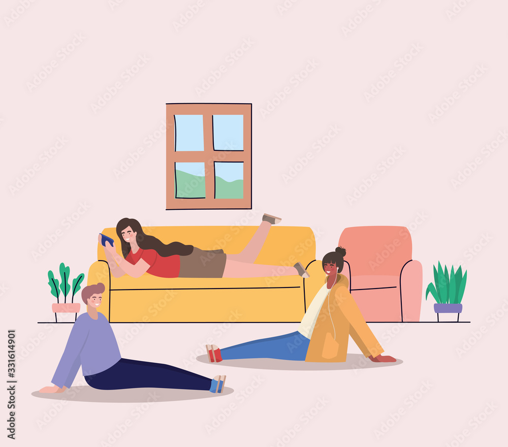 Obraz premium Girls and boy with smartphone at home vector design