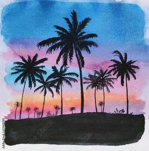 Watercolor sunset on the beach and palm trees. Watercolor background.