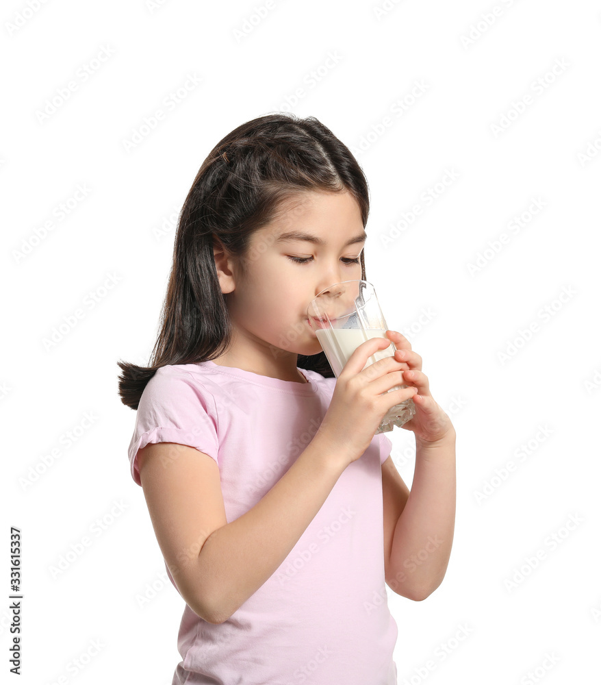 Cute Asian girl with milk on white background Cute Asian girl with milk on white background