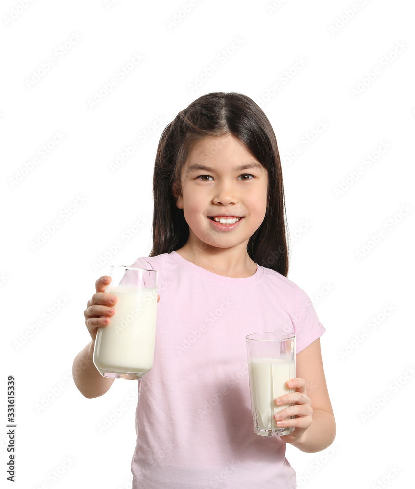 Cute Asian girl with milk on white background Cute Asian girl with milk on white background