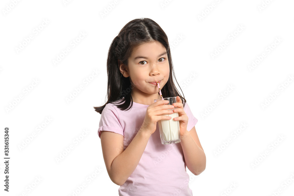 Cute Asian girl with milk on white background Cute Asian girl with milk on white background