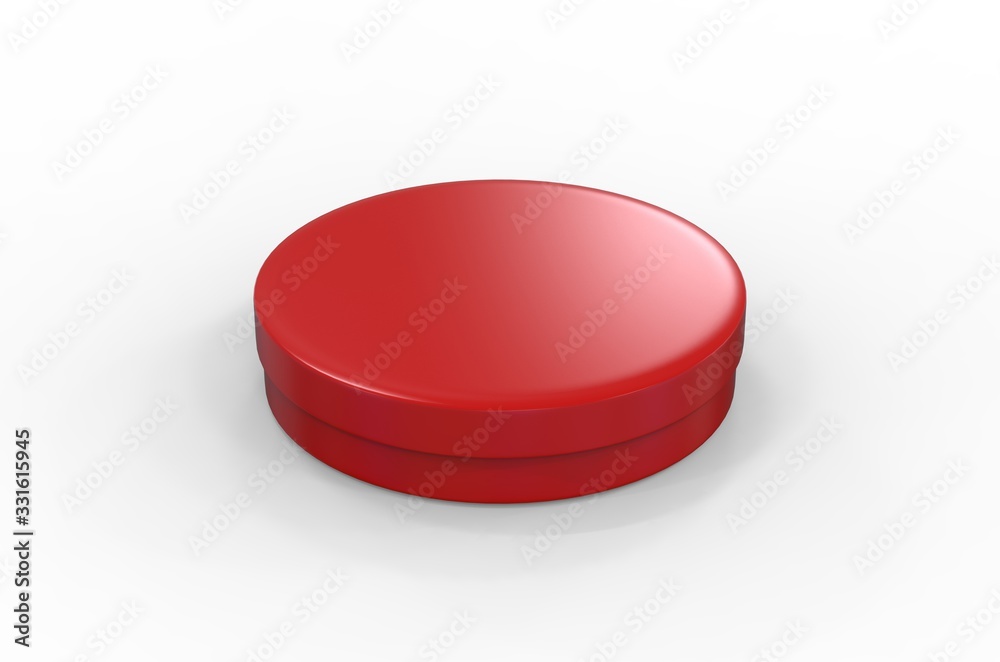 Round red cardboard packaging box mock up template on isolated white background, 3d illustration Round red cardboard packaging box mock up template on isolated white background, 3d illustration