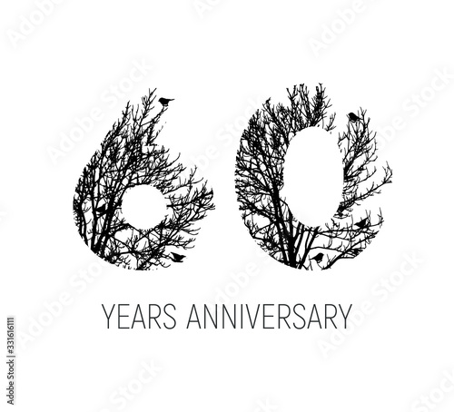 60 years old Logo Letter Made From Black Tree Branches. Tree Letter Design with Minimalist Creative Style. Vector