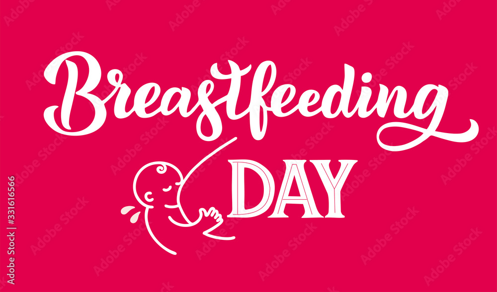 Breastfeeding Day emblem. Hand written lettering  vector linear contour flat logo for World breastfeeding week. Concept, template of support for motherhood. Card, poster, banner