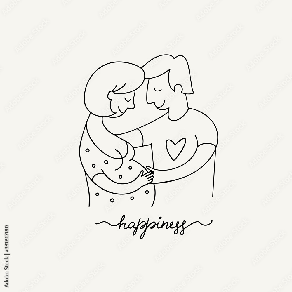 Family - Man and pregnant woman in love hugging. Vector contour, silhouette flat illustration. Linear logo of happy parents. Happiness, childbirth, pregnancy. Print, card, poster. Family planning. Family - Man and pregnant woman in love hugging. Vector contour, silhouette flat illustration. Linear logo of happy parents. Happiness, childbirth, pregnancy. Print, card, poster. Family planning.