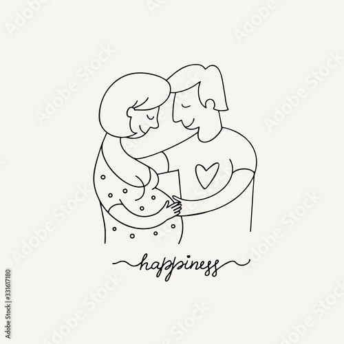 Family - Man and pregnant woman in love hugging. Vector contour, silhouette flat illustration. Linear logo of happy parents. Happiness, childbirth, pregnancy. Print, card, poster. Family planning.