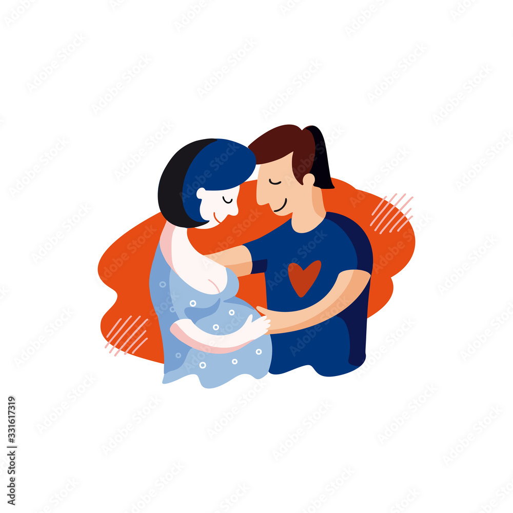 Man and pregnant woman in love hugging. Vector colorful contour flat illustration. Future happy parents. Happiness, childbirth, pregnancy. Great print, postcard, poster. Family planning.