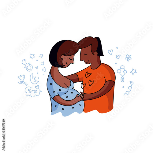 Black skinned Man and pregnant dark skinned woman in love hugging. Vector colorful contour flat illustration. Future happy parents. Happiness, childbirth, pregnancy. Great print,card. Family planning.