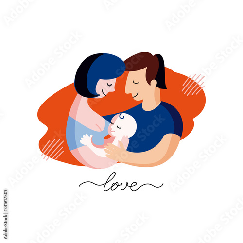 Family - Father and mother in love hug their baby. Vector colorful contour flat illustration. Happy parents and newborn. Happiness and childbirth. Great print, postcard, poster.