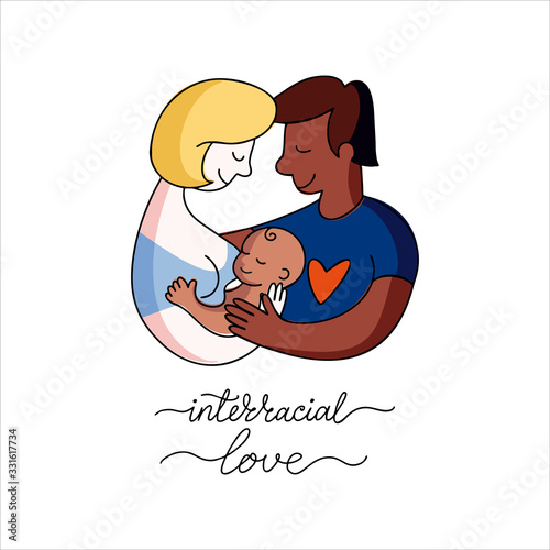 Vector flat illustration happy interracial couple with foster baby. Portrait of a african dark skinned father;  mother and black skinned kid in cartoon style. Multiracial family and linear lettering. 