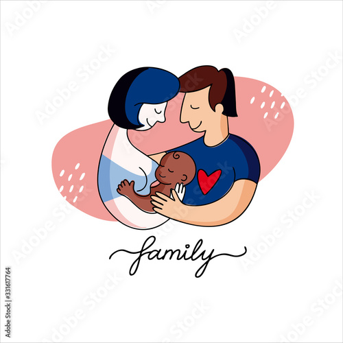 Vector flat illustration happy interracial couple with foster adopted dark skinned baby. Portrait of a  father, mother and black skinned african kid in cartoon style. Logo Multiracial family and linea