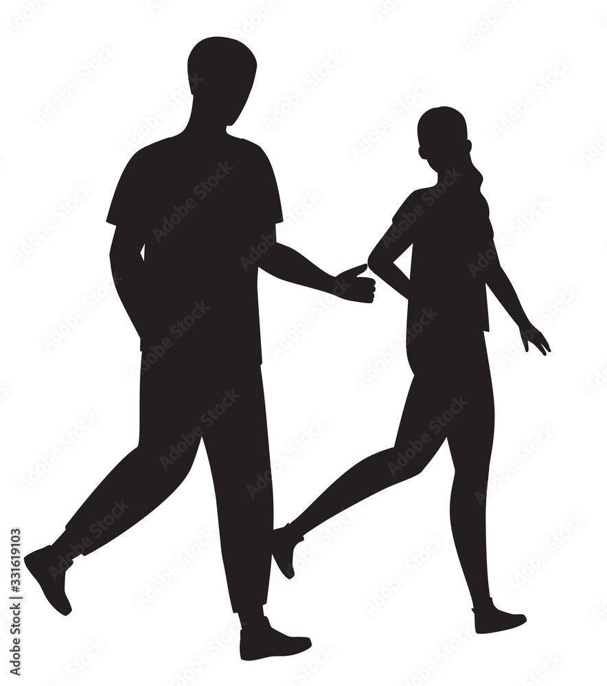 The silhouette of two walking people. Man and woman going in the same direction. Black and white vector illustration 