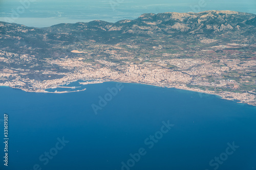 Palma de Mallorca and Bay of Palma with the tramuntana mountains in the background - aerial view 