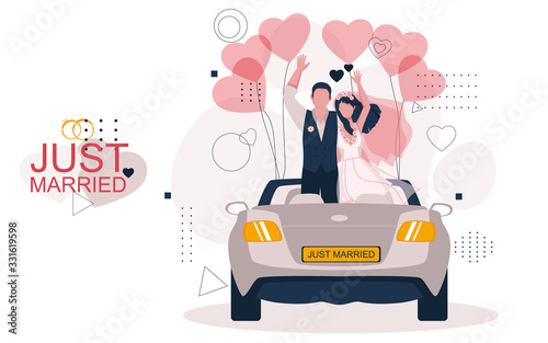 Newlyweds - a happy young couple, a man and a woman go on a wedding trip in a convertible. Wedding car decorated with airy hearts. The text just got married. Stylish wedding vector illustration