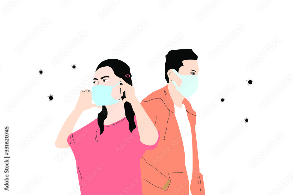 Man and woman wearing medical mask to prevent virus transmission. Covid 19 illustrative vector.