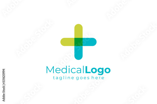 Blue Green Rounded Cross Sign Medical Logo Health Icon. Flat Vector Logo Design Template Element