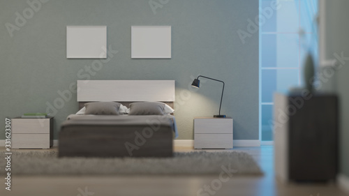 Modern interior of a bedroom with light green walls. Night. Evening lighting. 3D rendering.