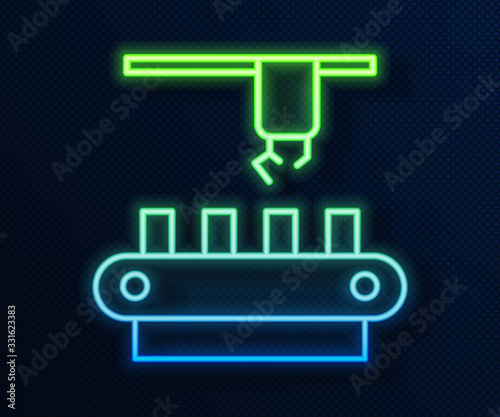 Glowing neon line Factory conveyor system belt icon isolated on blue background. Robot industry concept. Vector Illustration