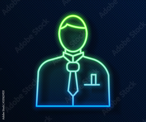 Glowing neon line Businessman or stock market trader icon isolated on blue background. Vector Illustration
