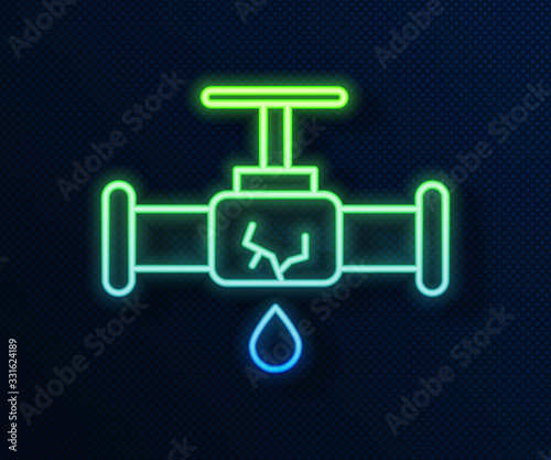 Glowing neon line Broken metal pipe with leaking water icon isolated on blue background. Vector Illustration