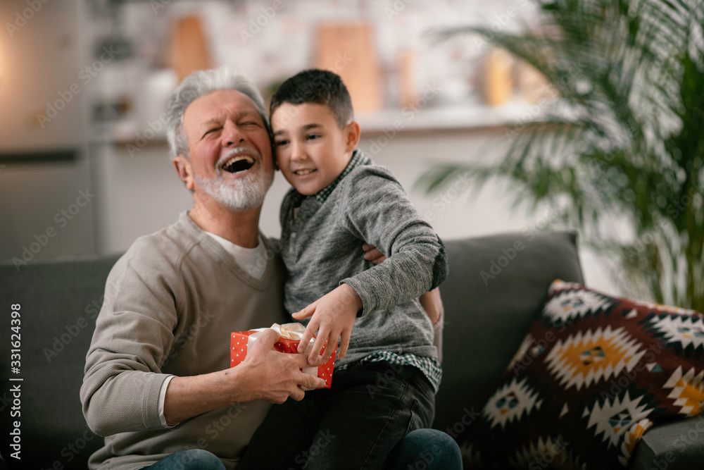 Fototapeta premium Grandfather giving gift to grandson. 