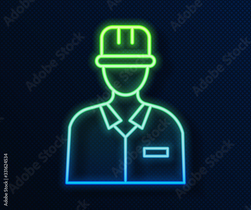 Glowing neon line Oilman icon isolated on blue background. Vector Illustration
