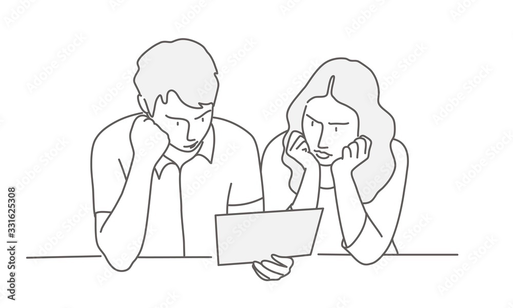 Man and woman reading document. Line drawing vector illustration. 