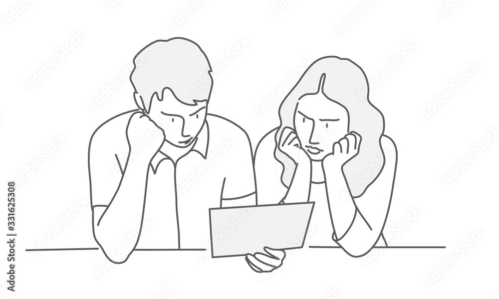 Man and woman reading document. Line drawing vector illustration. Man and woman reading document. Line drawing vector illustration.