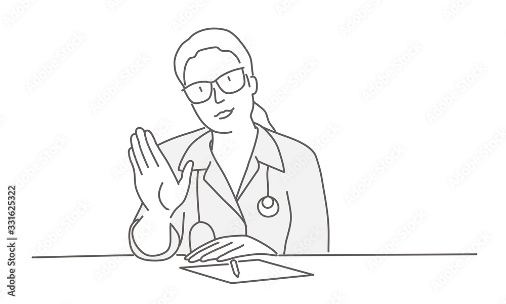 Woman doctor with glasses shows stop gesture. Line drawing vector illustration.