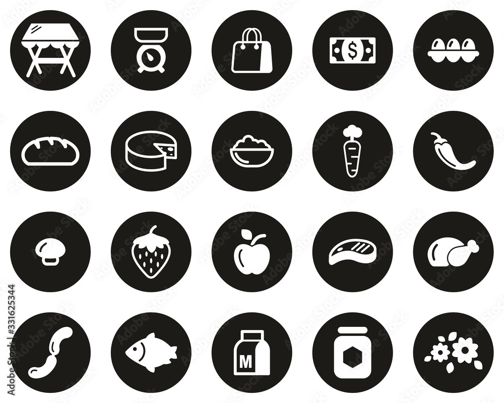 Market Place Or Market Stand Icons White On Black Flat Design Circle Set Big Market Place Or Market Stand Icons White On Black Flat Design Circle Set Big