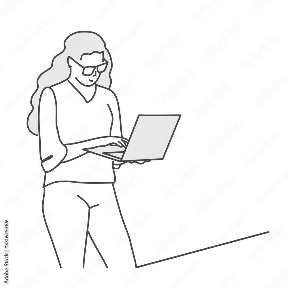 Girl with glasses uses a laptop computer while standing. Line drawing vector illustration.