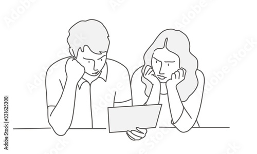 Man and woman reading document. Line drawing vector illustration. 