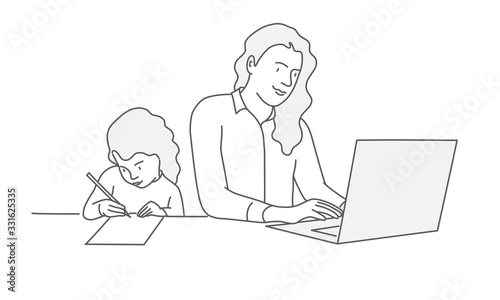 Mother and daughter at the table. Girl is drawing. Woman is using a laptop. Line drawing vector illustration.