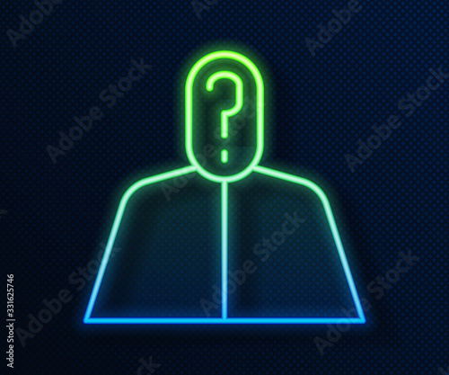 Glowing neon line Anonymous man with question mark icon isolated on blue background. Unknown user, incognito profile, business secrecy, obscurity. Vector Illustration