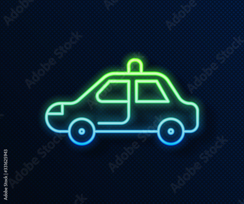 Glowing neon line Police car and police flasher icon isolated on blue background. Emergency flashing siren. Vector Illustration