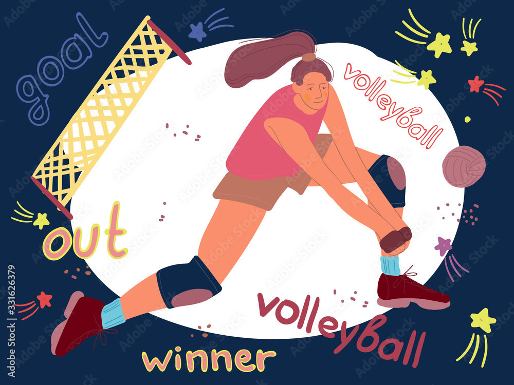 Athletic girl playing volleyball. Cartoon drawing drawn by hand