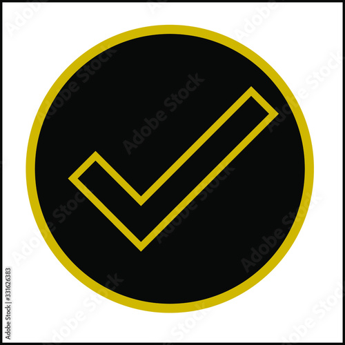 Black circle with gold metallic check mark vector illustration button for concept of things correct