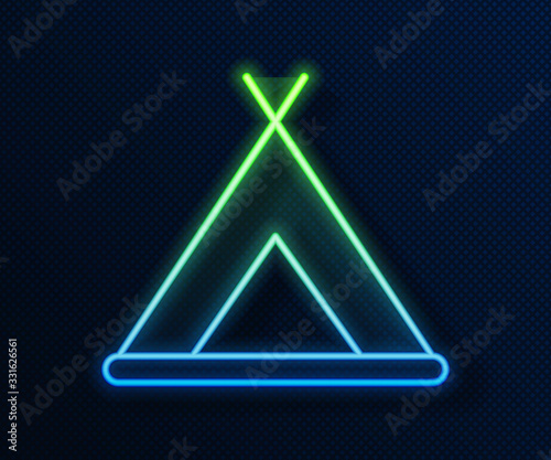 Glowing neon line Tourist tent icon isolated on blue background. Camping symbol. Vector Illustration