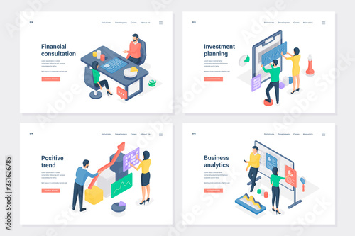 Start up, setting business stages isometric landing page templates set