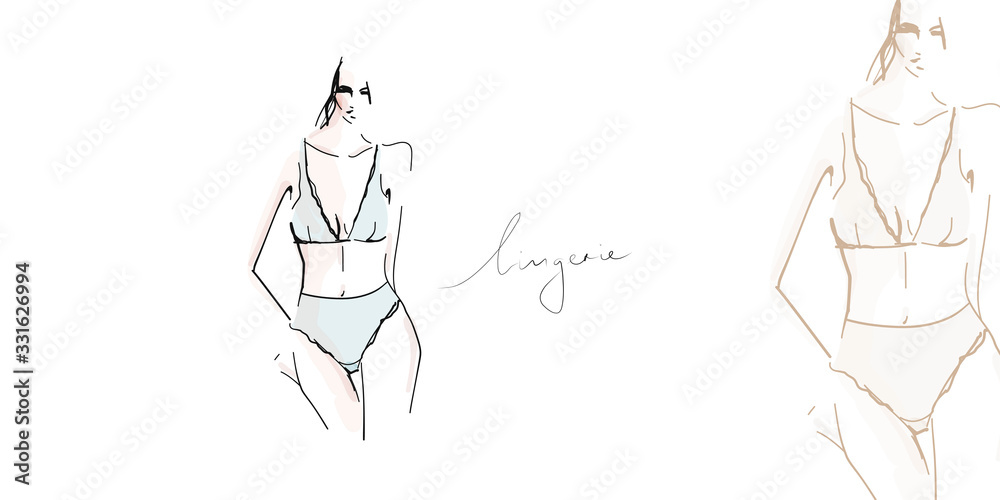 Young woman, model in lingerie. Fashion illustration in sketch style.  Vector Stock Vector | Adobe Stock