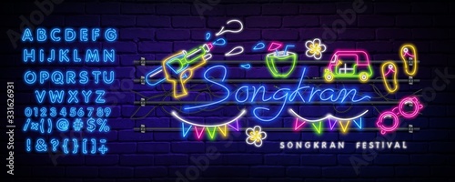 Songkran neon sign, bright signboard, light banner. Songkran logo, emblem and label. Neon sign creator. Neon text edit