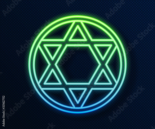 Glowing neon line Star of David icon isolated on blue background. Jewish religion symbol. Symbol of Israel. Vector Illustration