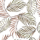 Seamless pattern with watercolor hand draw tropical palm leaves and branches, in boho style, on white background