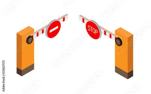 Isometric set a barrier on a white background. Security checkpoint flat vector illustration. Automatic barrier with stop sign .